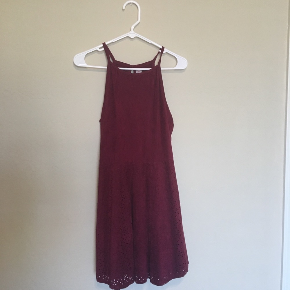 Halter top burgundy suede skater skirt dress